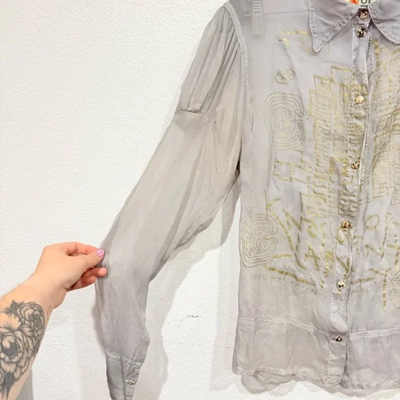 The People Of The Labyrinths 100% Silk Button Down Long Sleeve Sheer Blouse - Picture 3 of 6